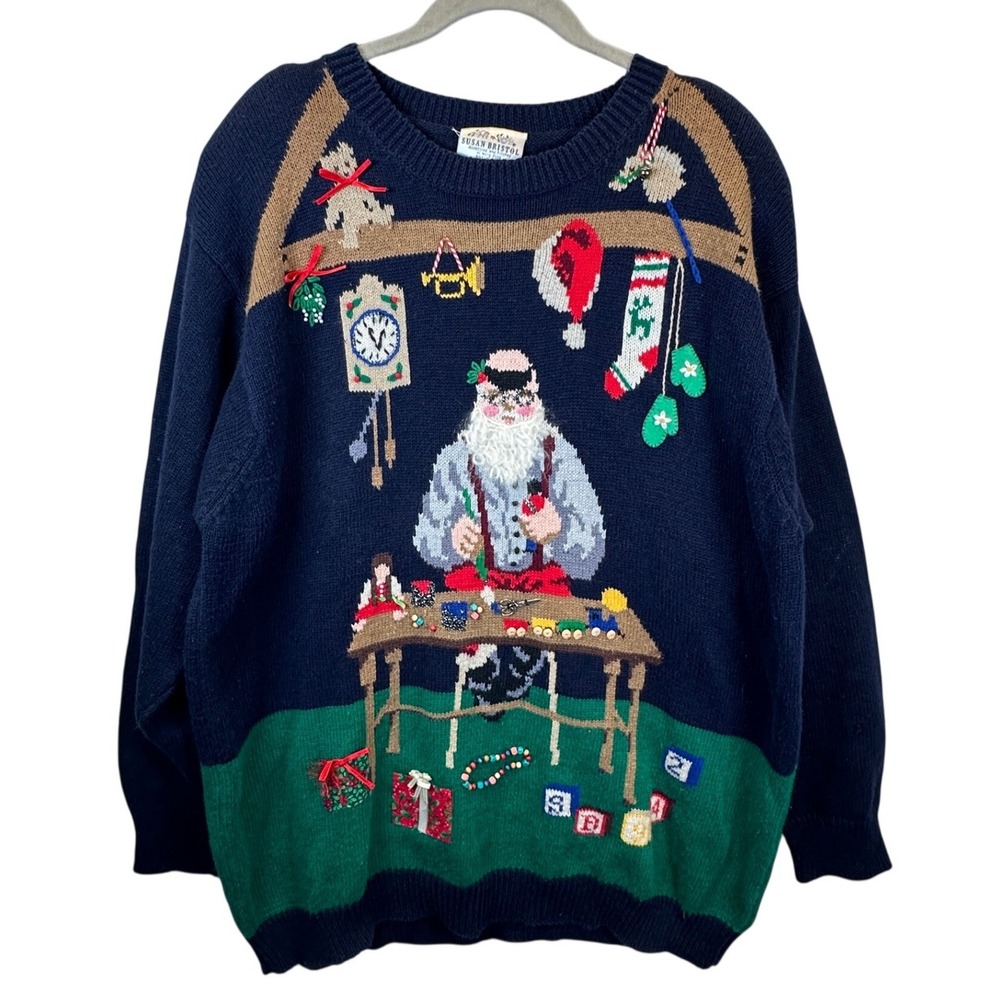 Vintage Susan Bristol Santa Workshop Embroidered Christmas Sweater XL Navy Blue
